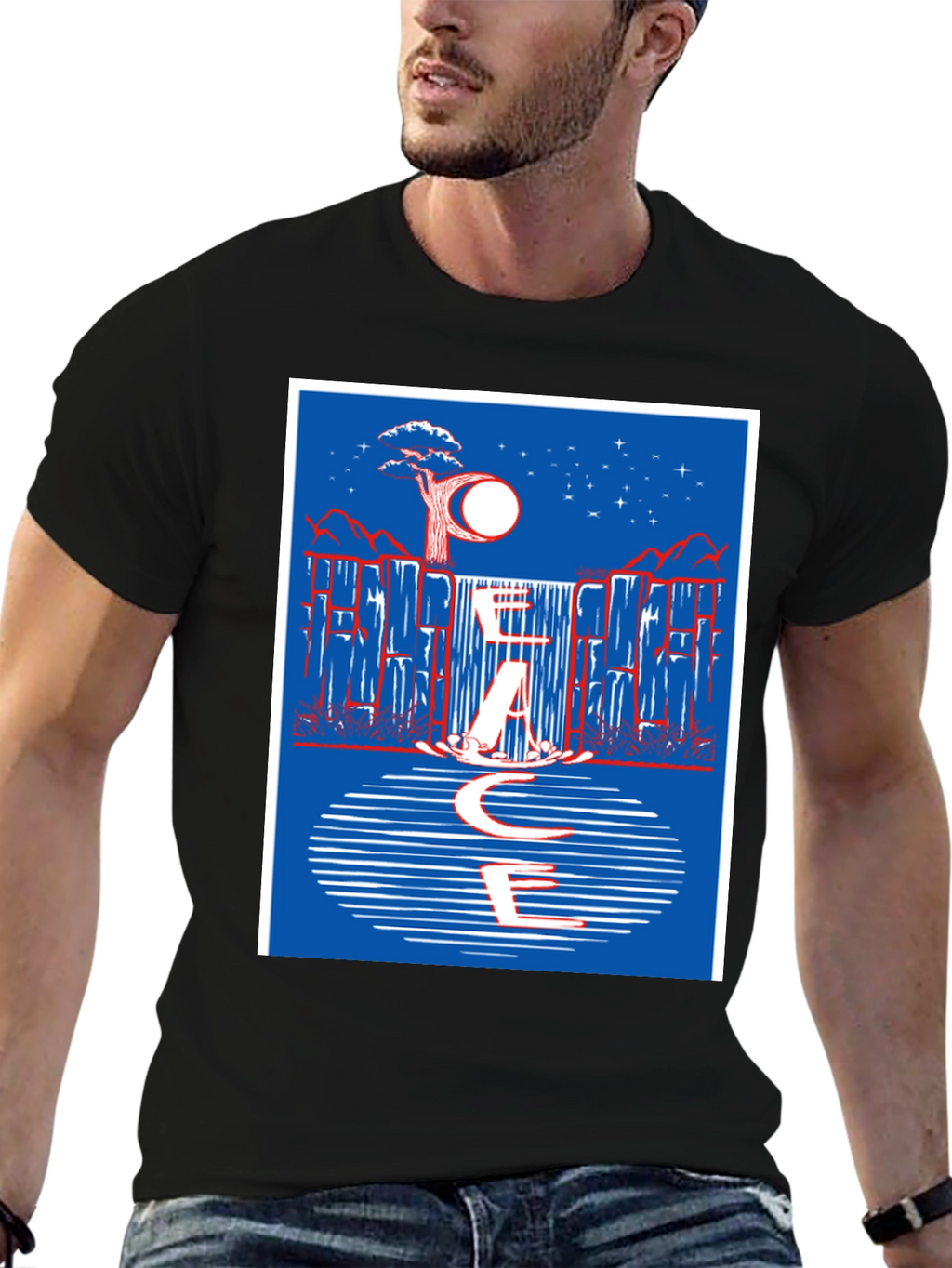 Abstract Waterfall Graphic Tee - Black Cotton Blend