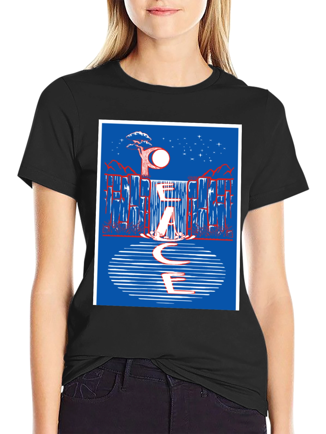 Abstract Waterfall Graphic Tee - Black Cotton Blend