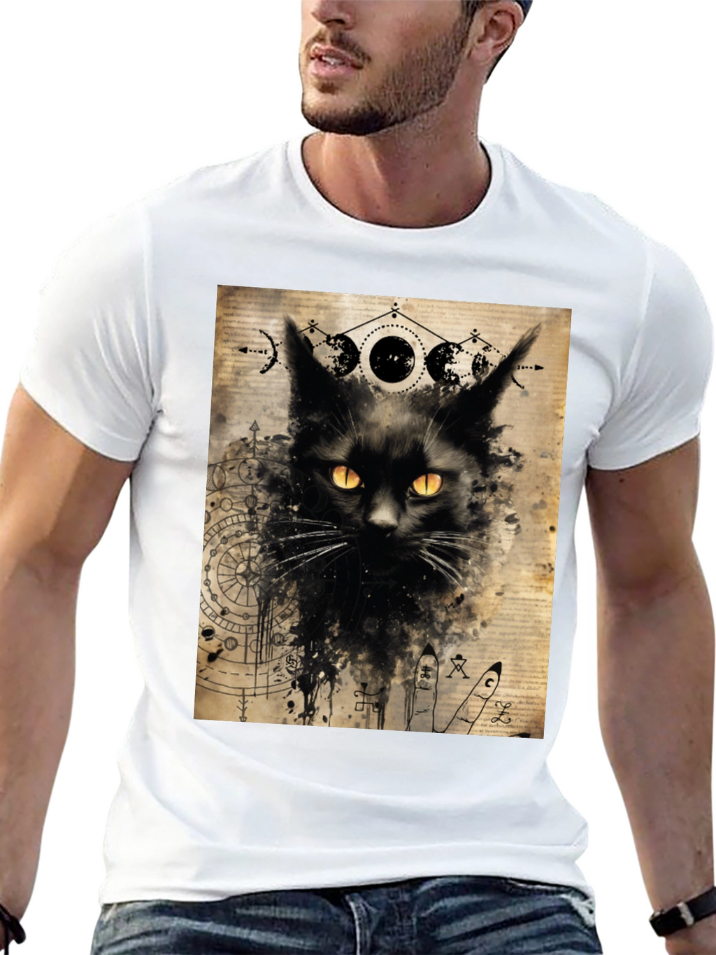 Mystic Cat Graphic Tee - Black Cotton