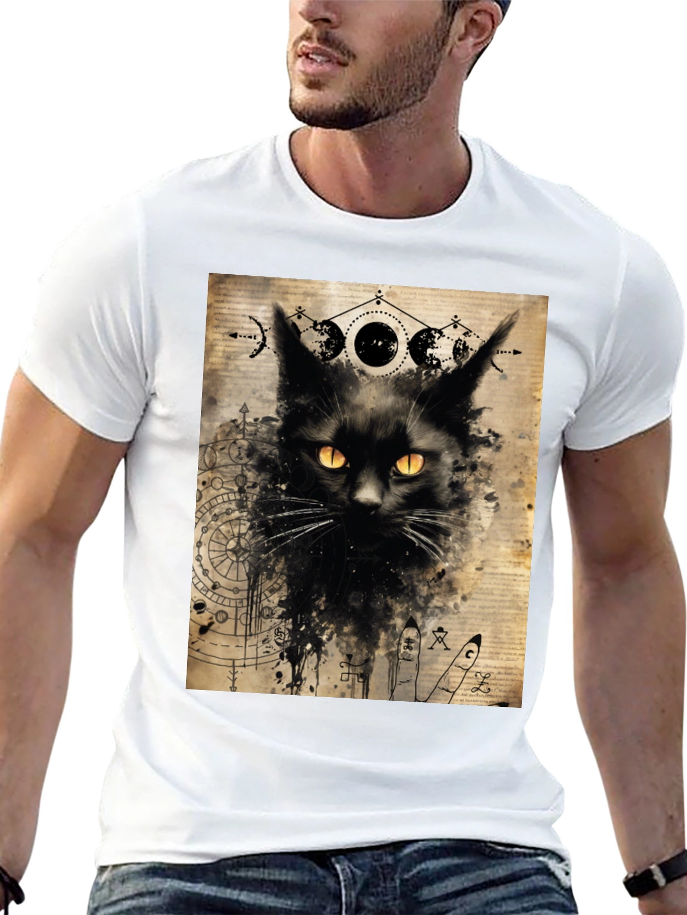 Mystic Cat Graphic Tee - Black Cotton