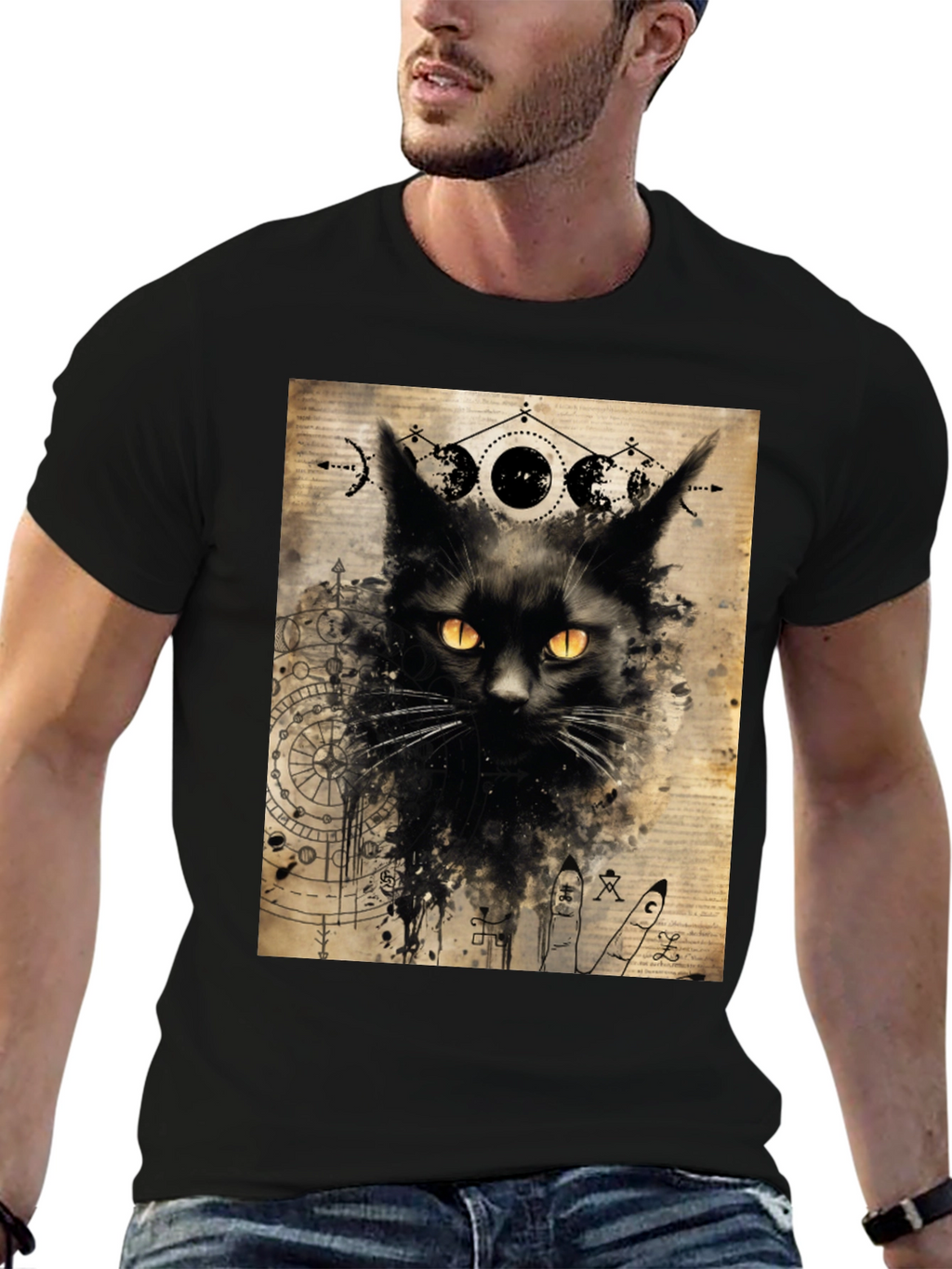Mystic Cat Graphic Tee - Black Cotton