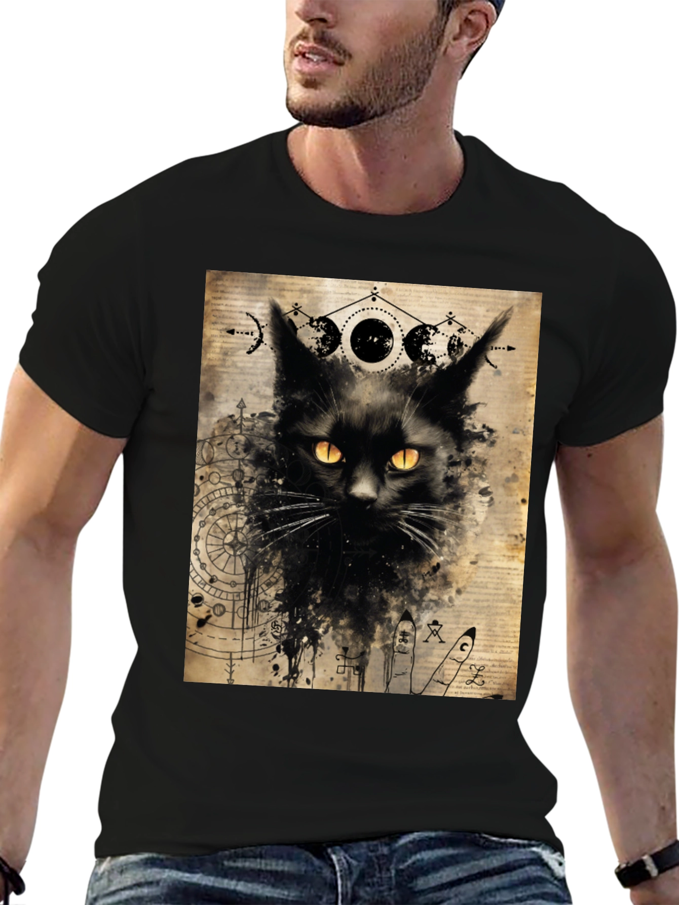 Mystic Cat Graphic Tee - Black Cotton
