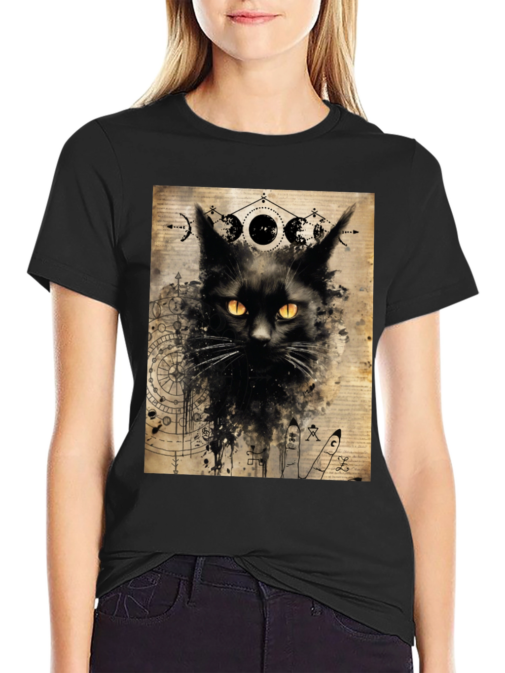 Mystic Cat Graphic Tee - Black Cotton