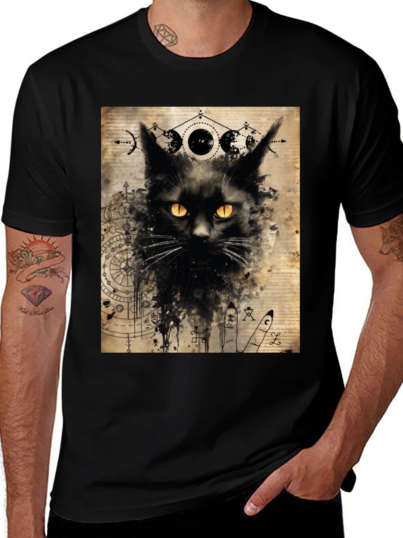 Mystic Cat Graphic Tee - Black Cotton