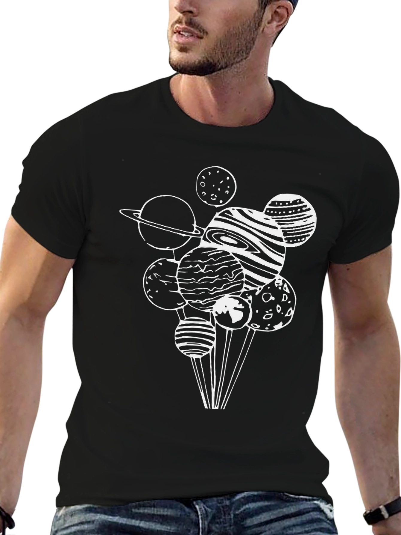 Planets Graphic Tee - Black Cotton Casual T-Shirt