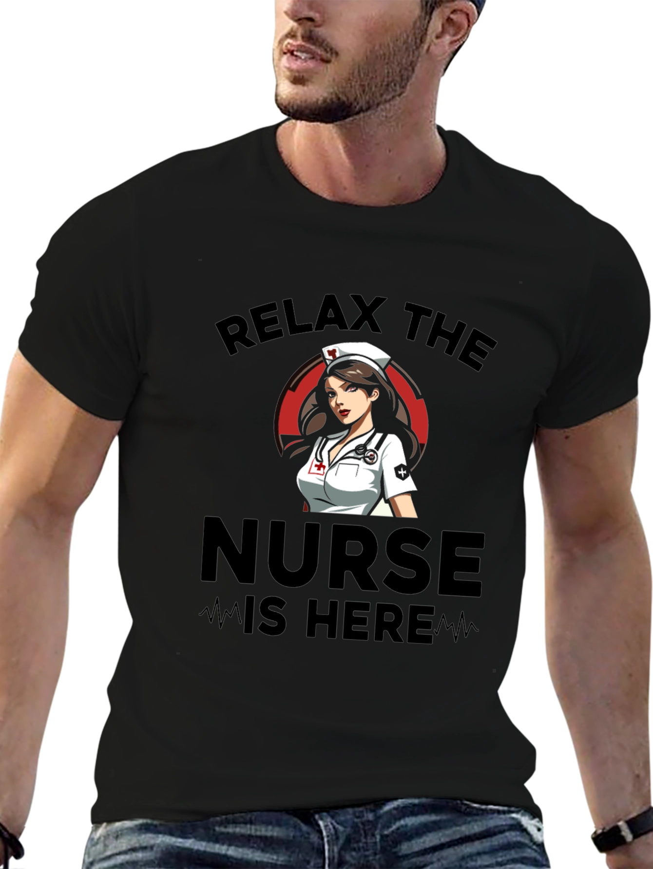 Relax The Nurse Is Here Black Graphic T-Shirt