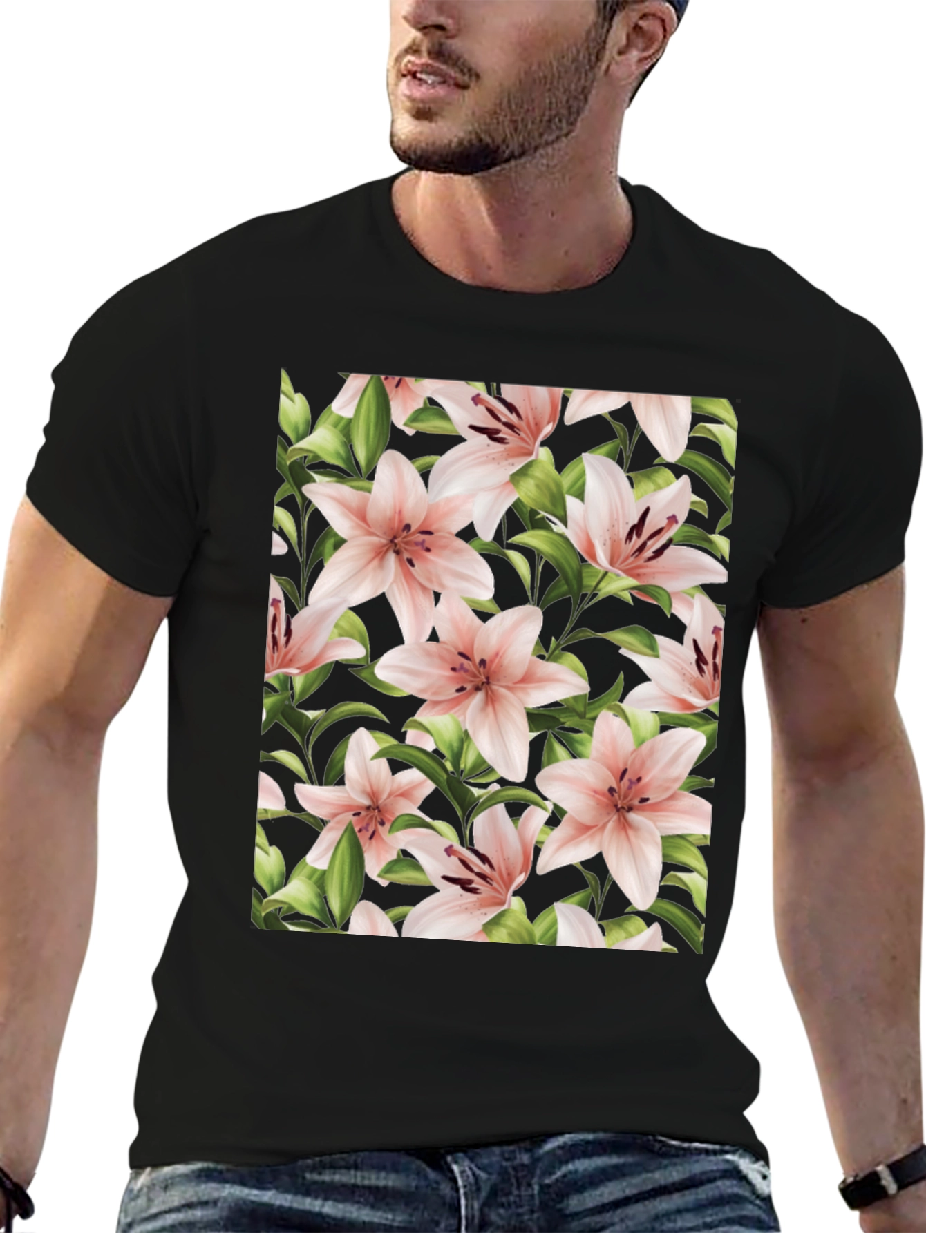 Floral Print T-Shirt - Pink Lily Black Tee