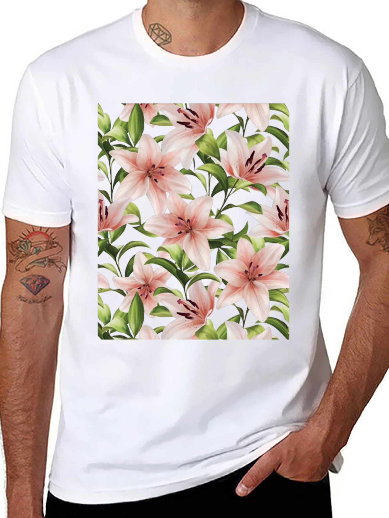 Floral Print T-Shirt - Pink Lily Black Tee