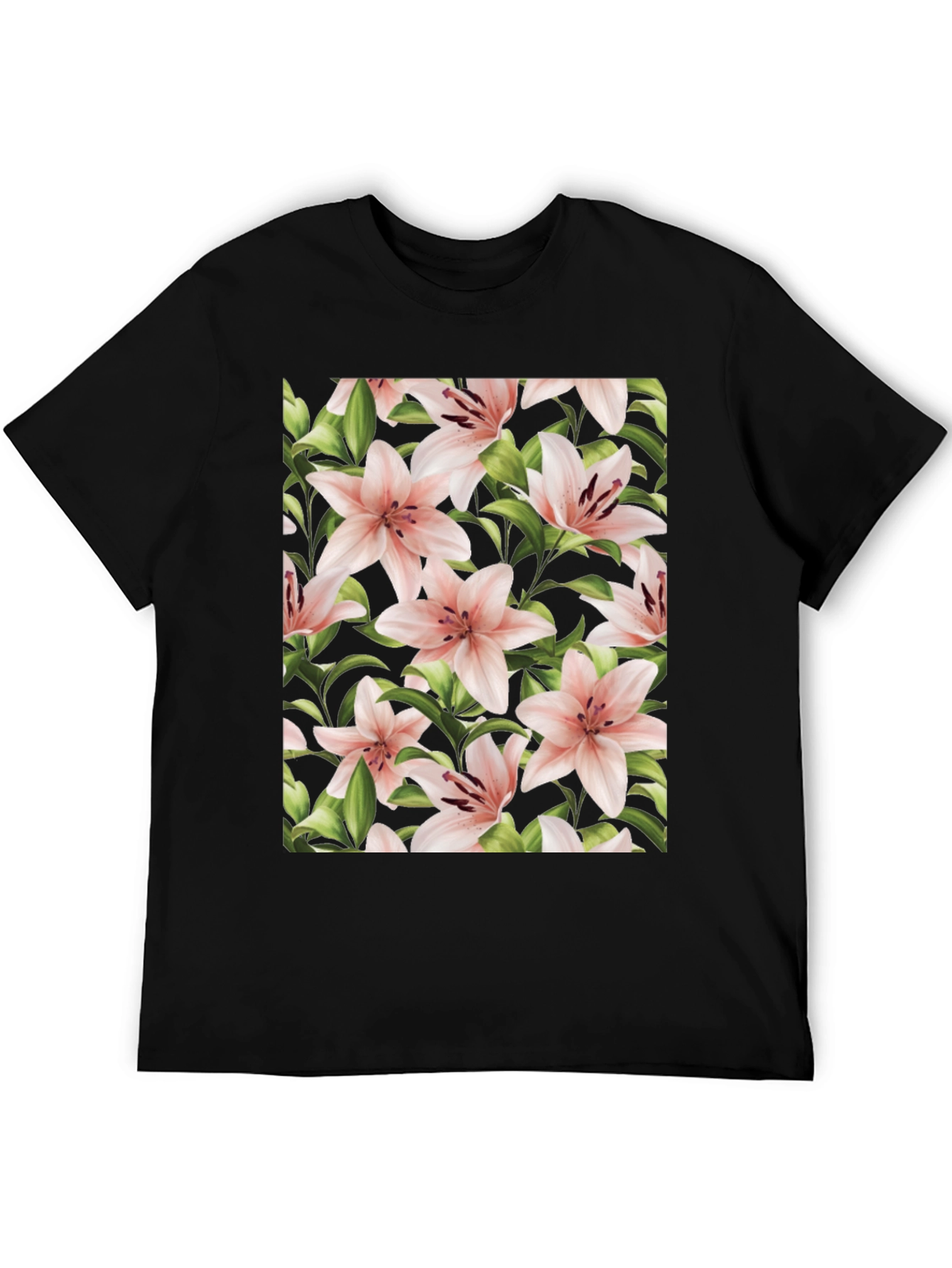 Floral Print T-Shirt - Pink Lily Black Tee