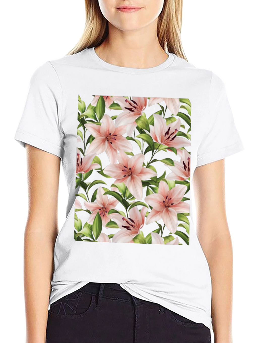 Floral Print T-Shirt - Pink Lily Black Tee