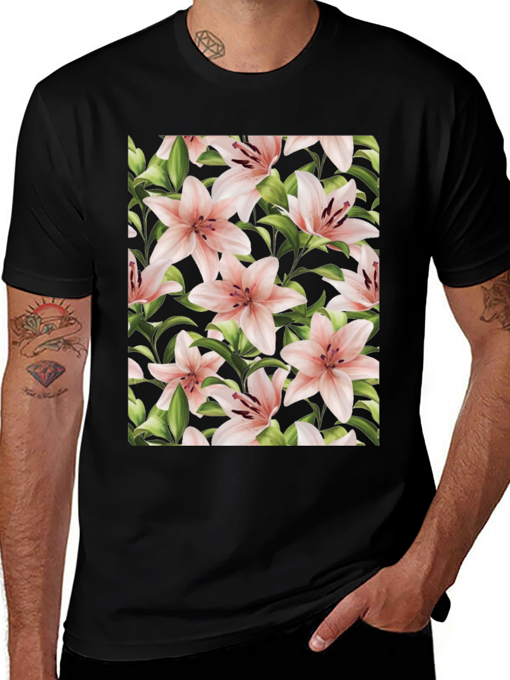 Floral Print T-Shirt - Pink Lily Black Tee
