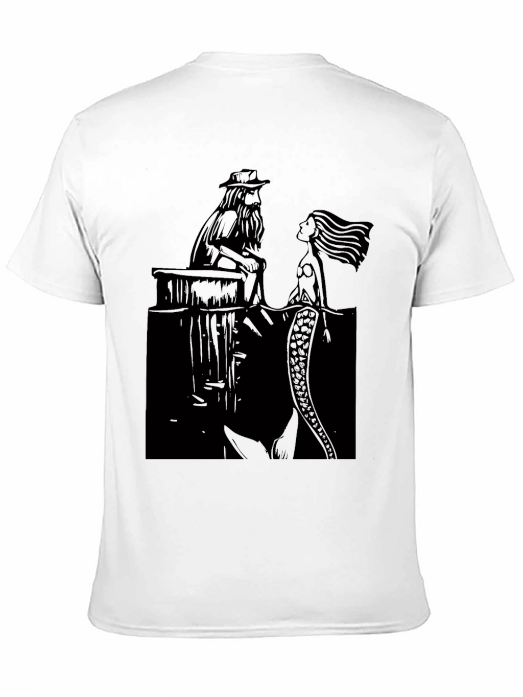 Black T-Shirt with Man and Mermaid Design
