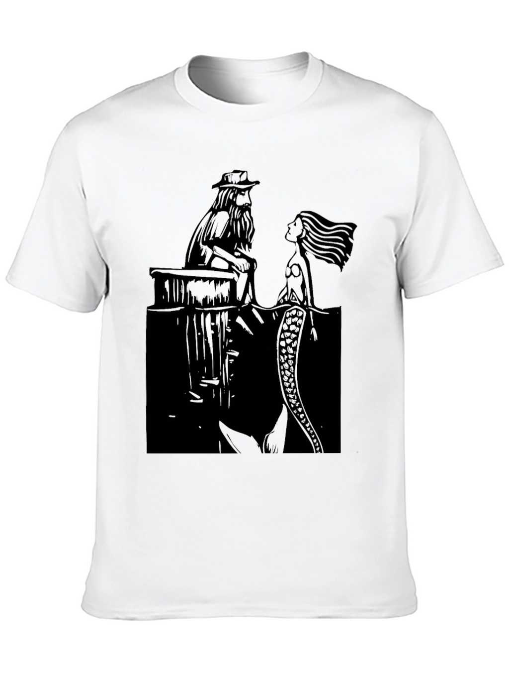 Black T-Shirt with Man and Mermaid Design