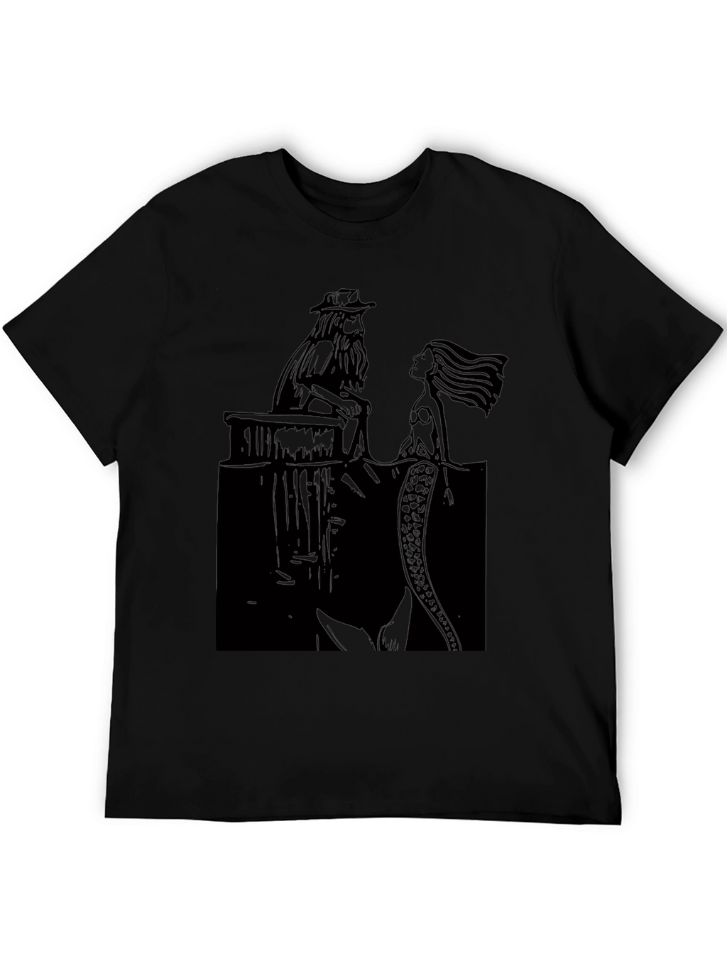 Black T-Shirt with Man and Mermaid Design