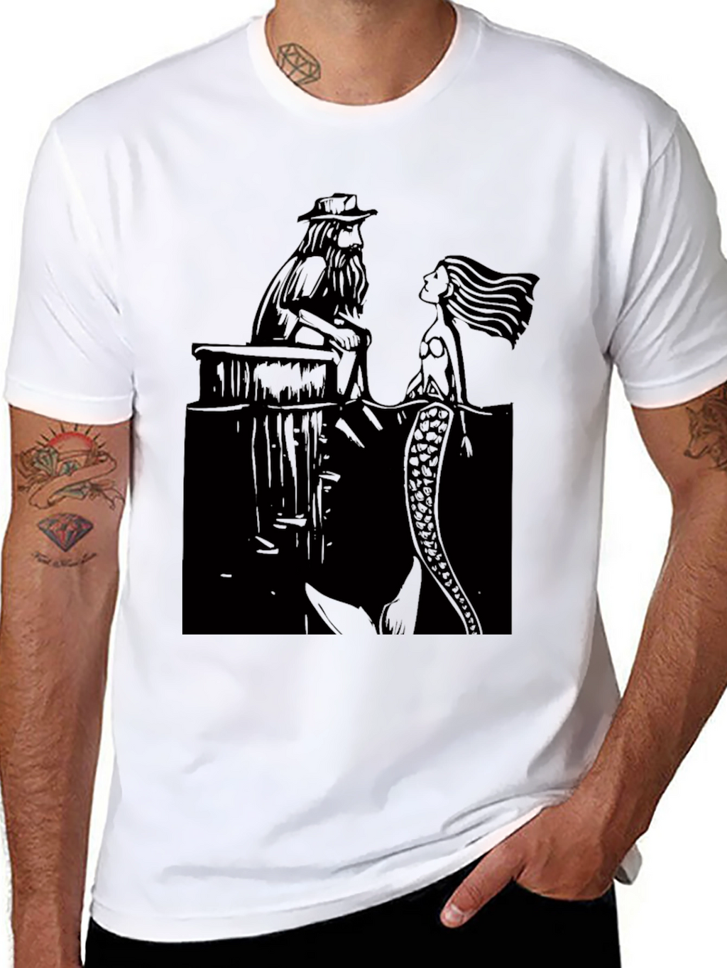 Black T-Shirt with Man and Mermaid Design