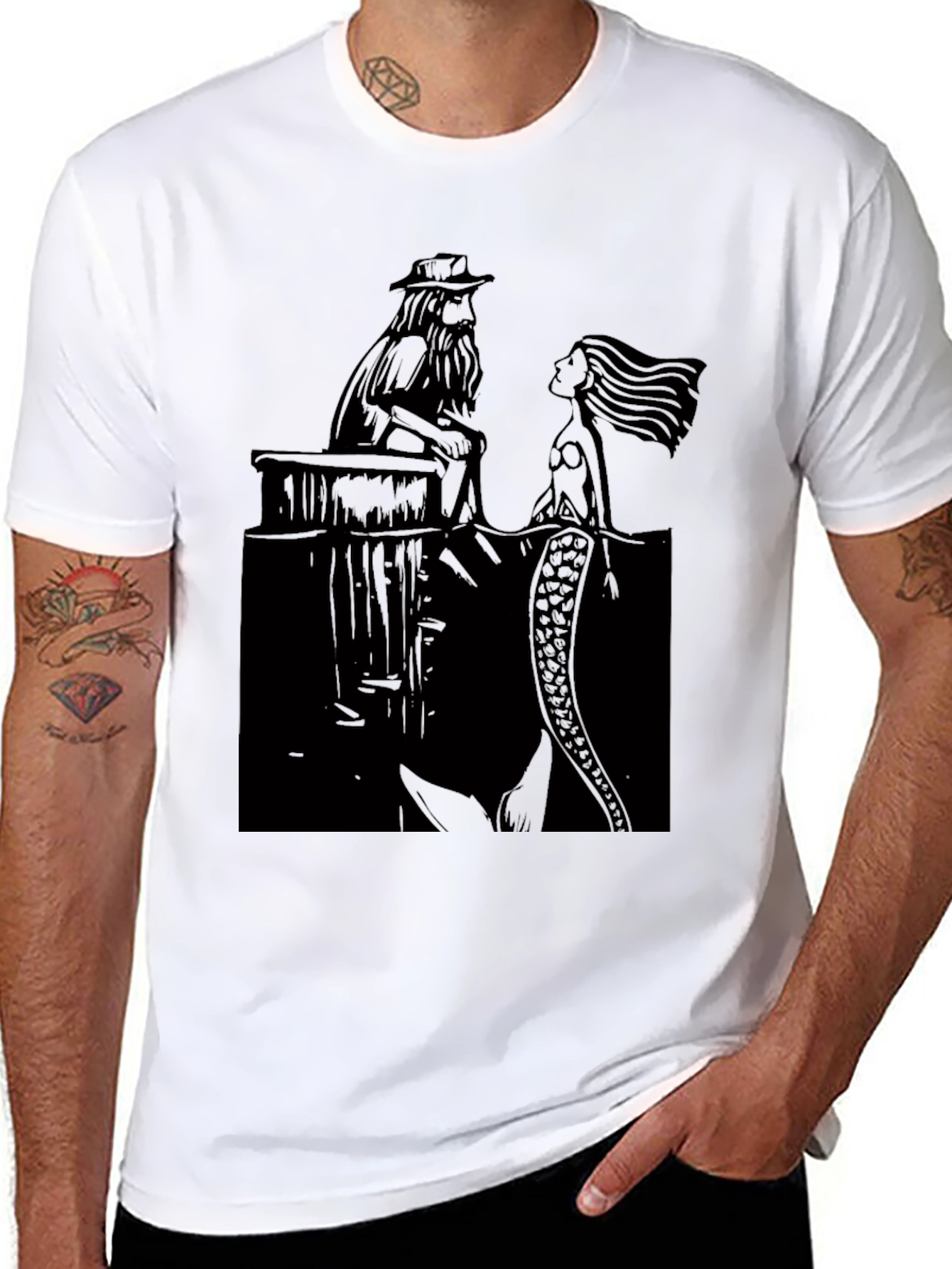 Black T-Shirt with Man and Mermaid Design