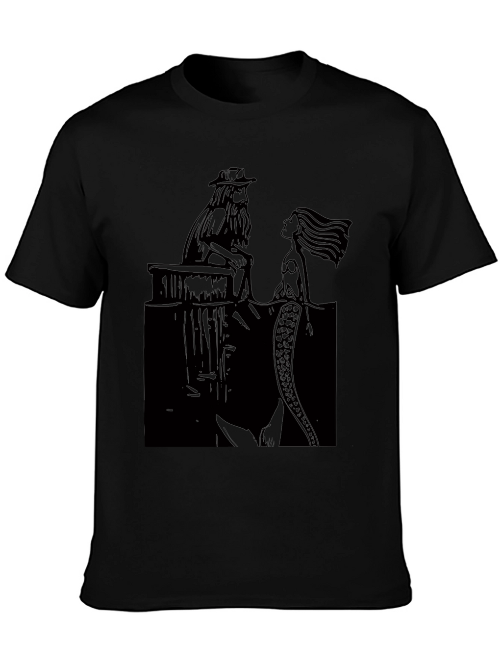 Black T-Shirt with Man and Mermaid Design