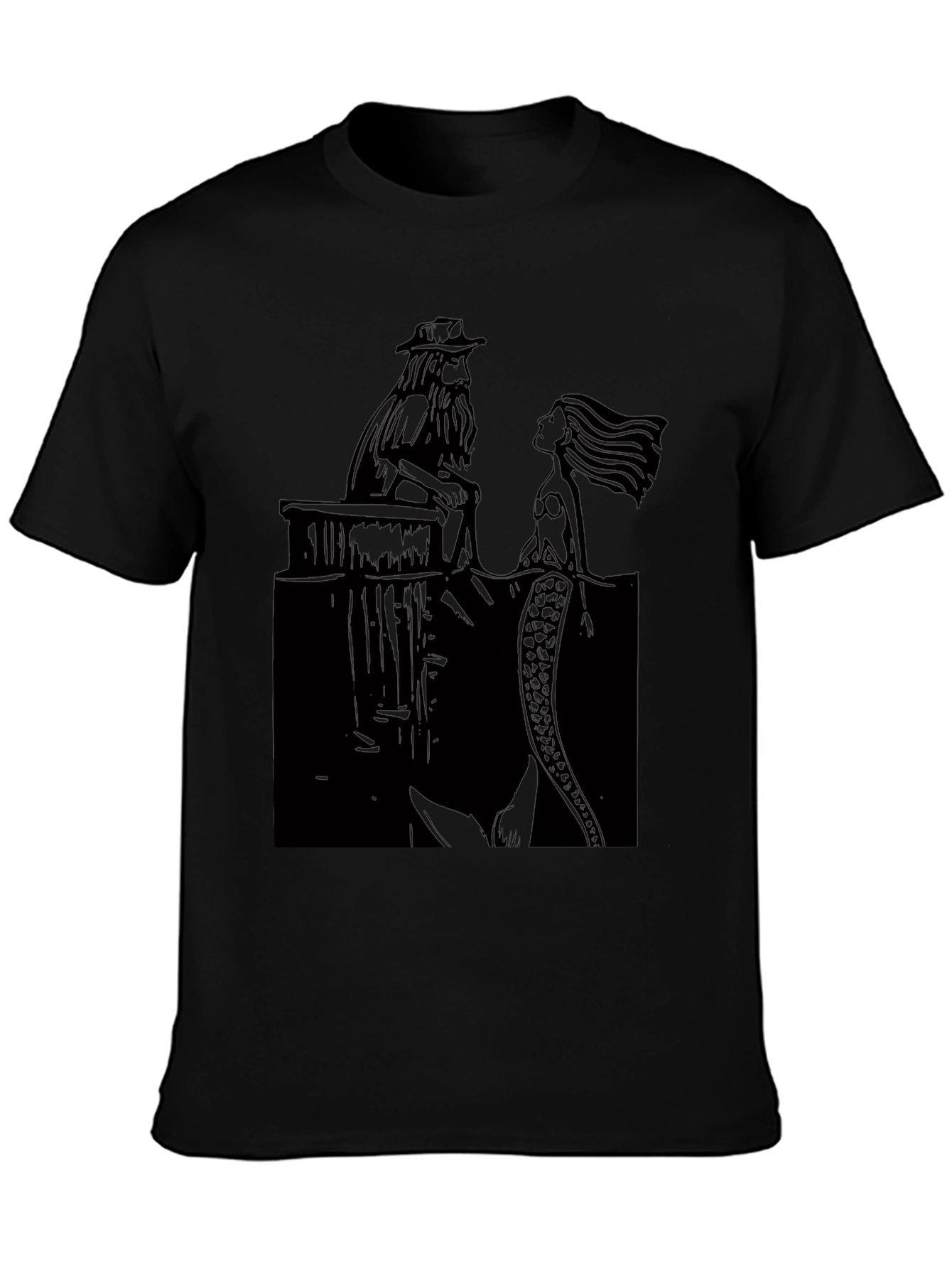 Black T-Shirt with Man and Mermaid Design