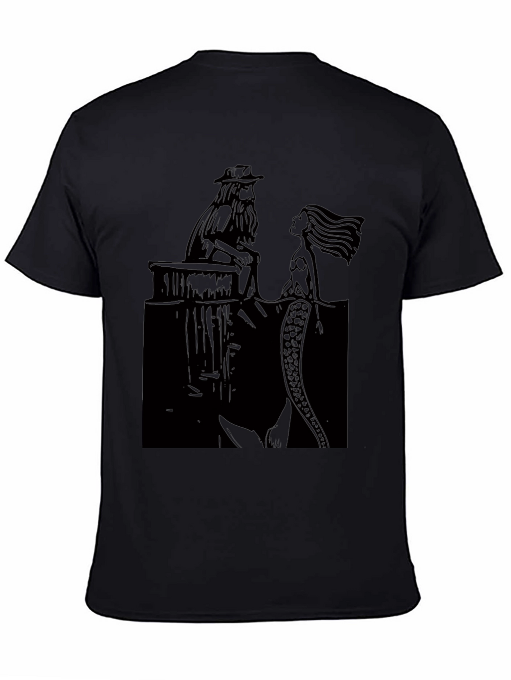 Black T-Shirt with Man and Mermaid Design
