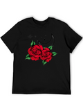 Roses and Moon Graphic Tee - Black Cotton T-Shirt