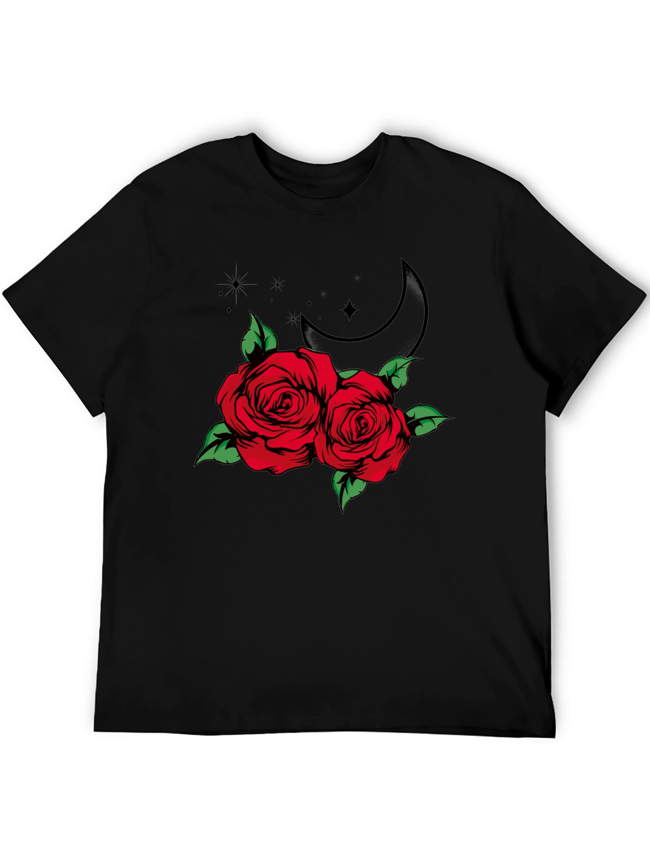 Roses and Moon Graphic Tee - Black Cotton T-Shirt