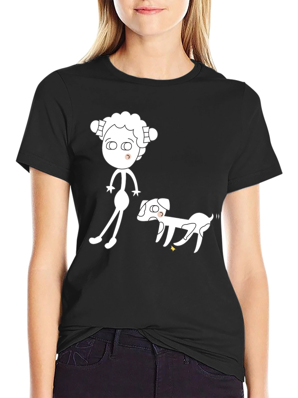Cartoon Character & Dog Black Graphic Tee