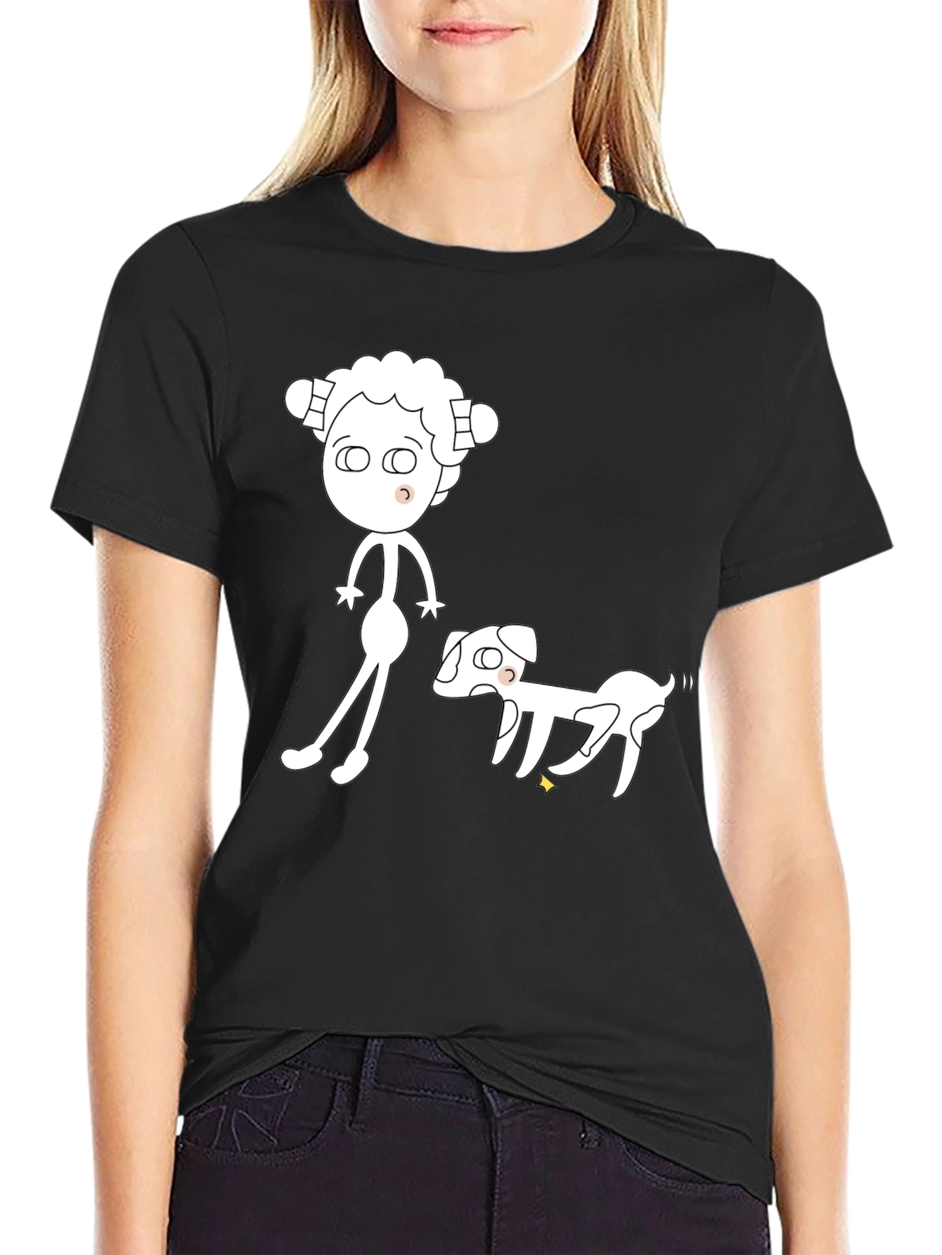 Cartoon Character & Dog Black Graphic Tee