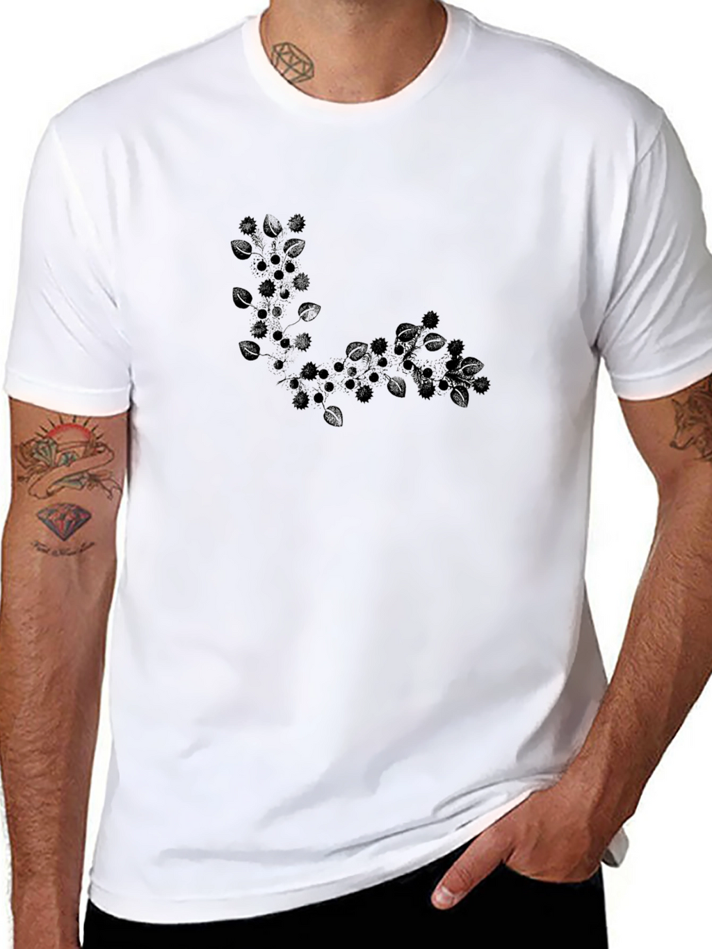 Black T-Shirt with Leafy Design