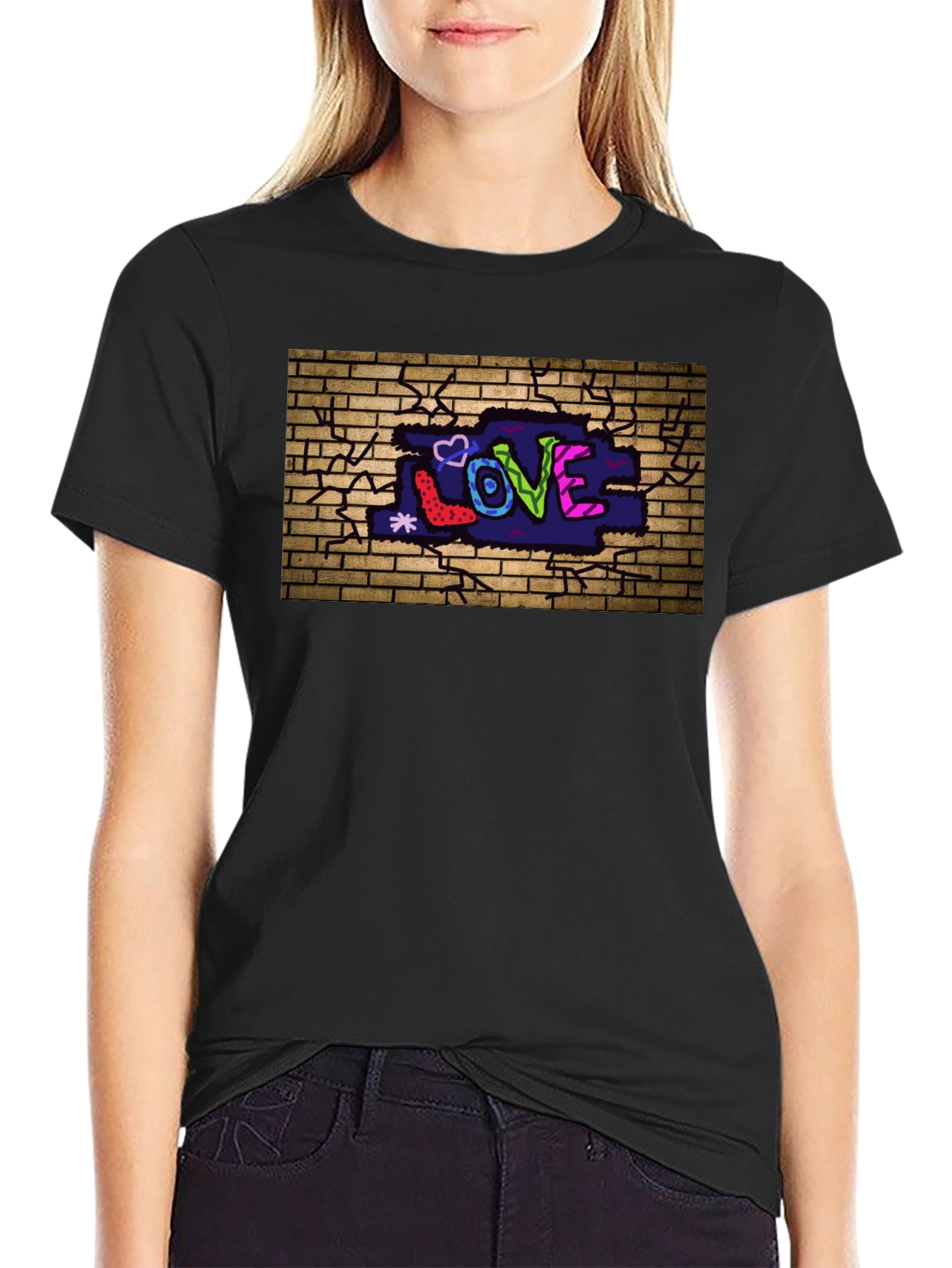 Love Graffiti Brick Wall Black T-Shirt