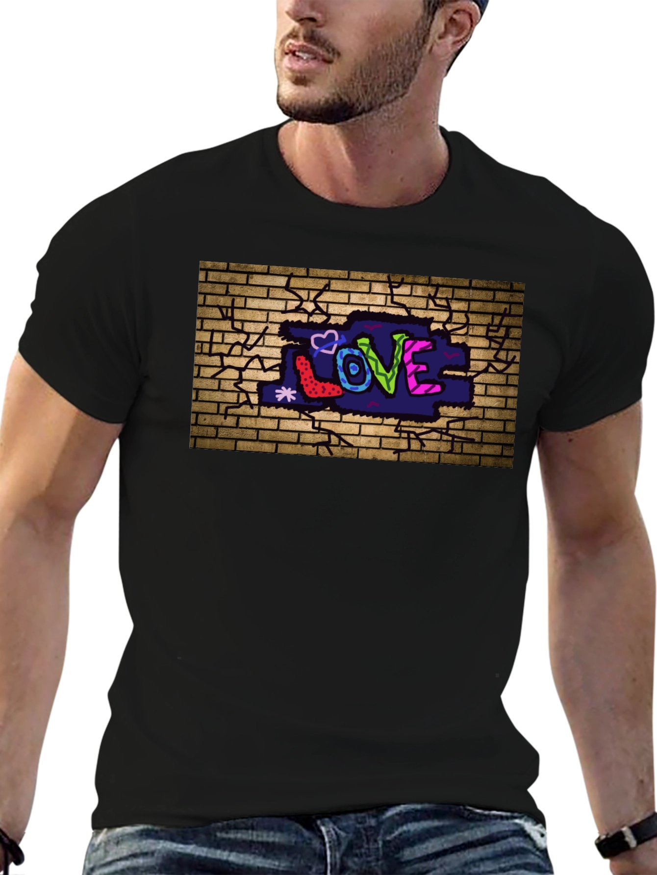Love Graffiti Brick Wall Black T-Shirt