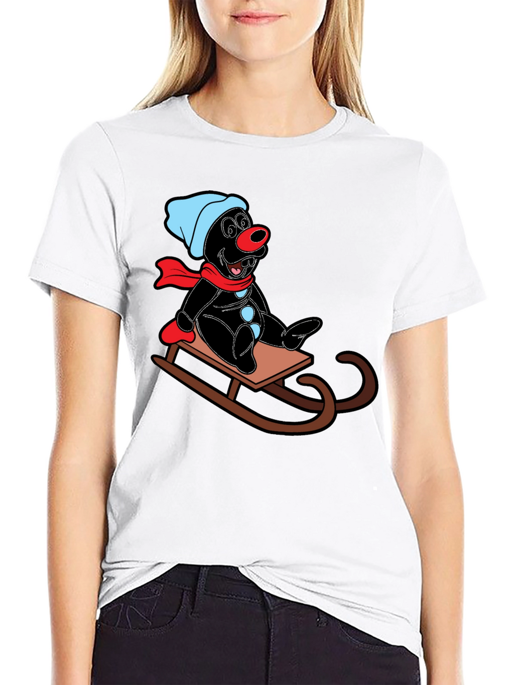 Cartoon Mole on Sled Black T-Shirt