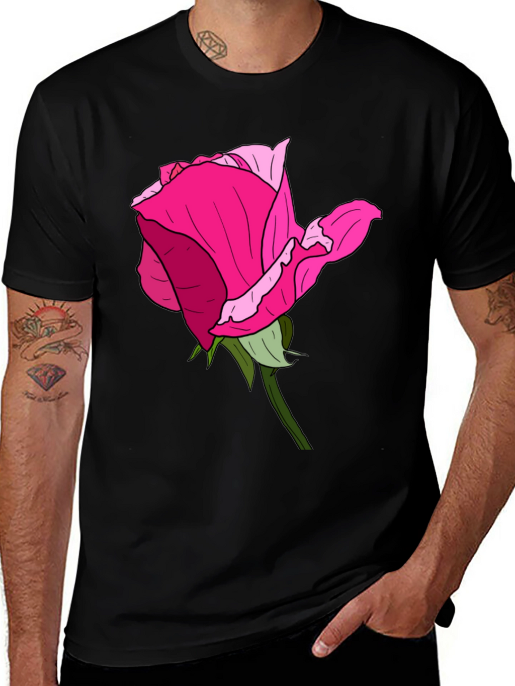 Black T-Shirt with Rose Graphic