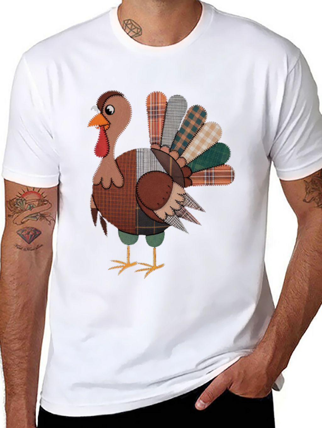 Thanksgiving Turkey Plaid Patchwork Graphic T-Shirt