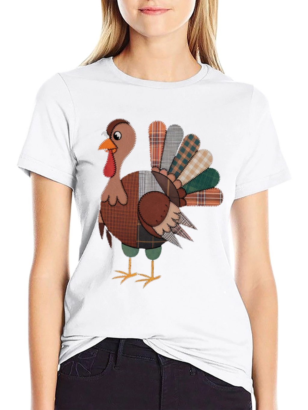 Thanksgiving Turkey Plaid Patchwork Graphic T-Shirt