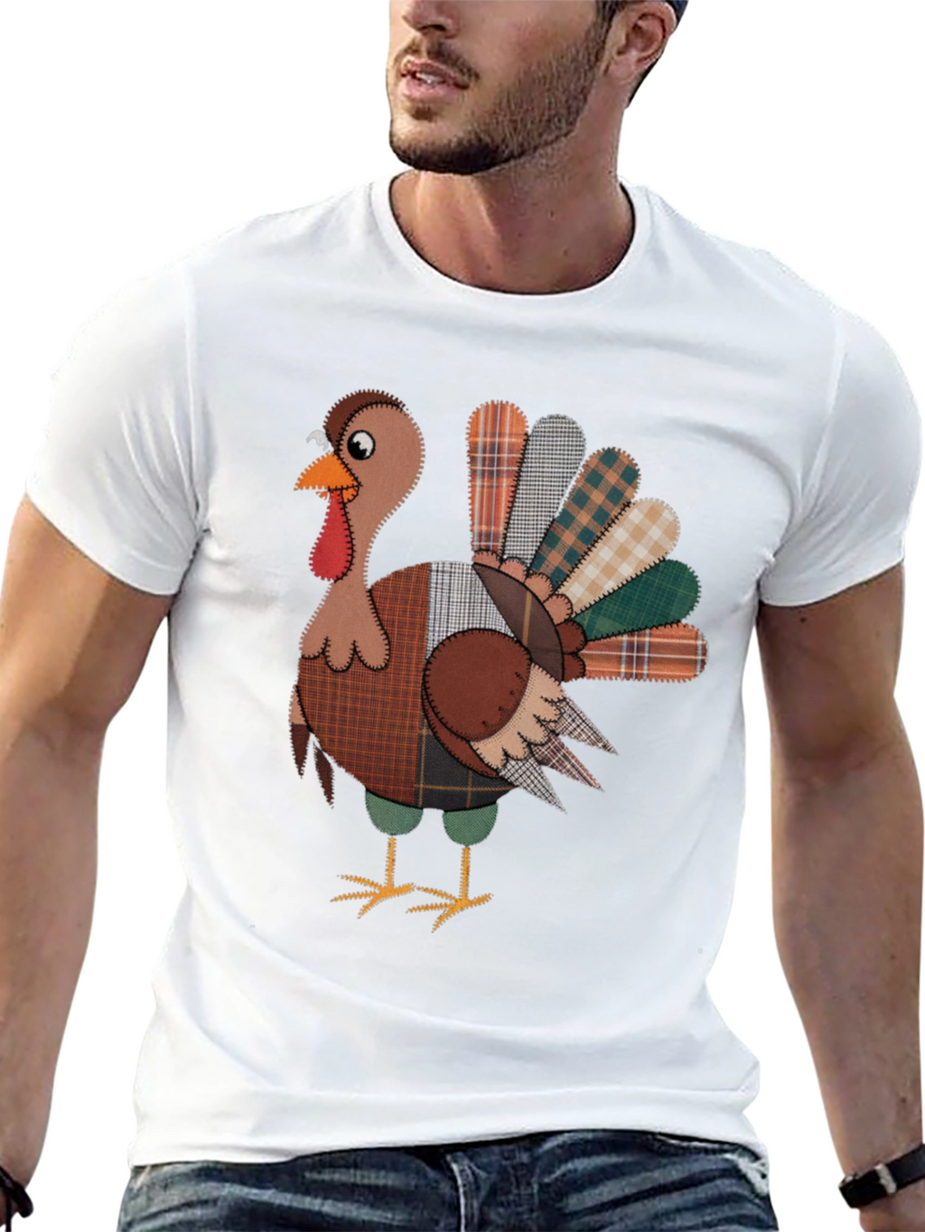 Thanksgiving Turkey Plaid Patchwork Graphic T-Shirt