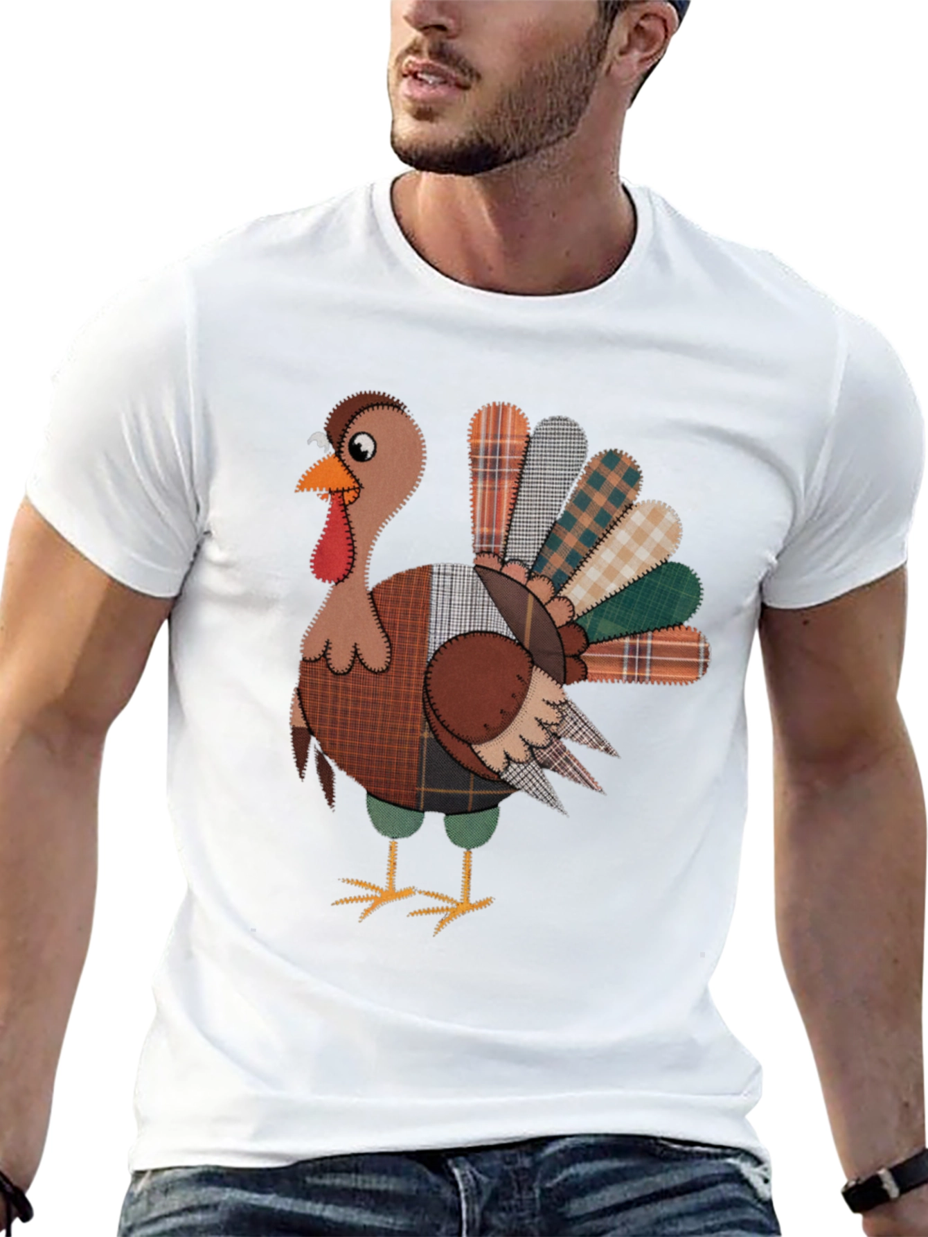 Thanksgiving Turkey Plaid Patchwork Graphic T-Shirt