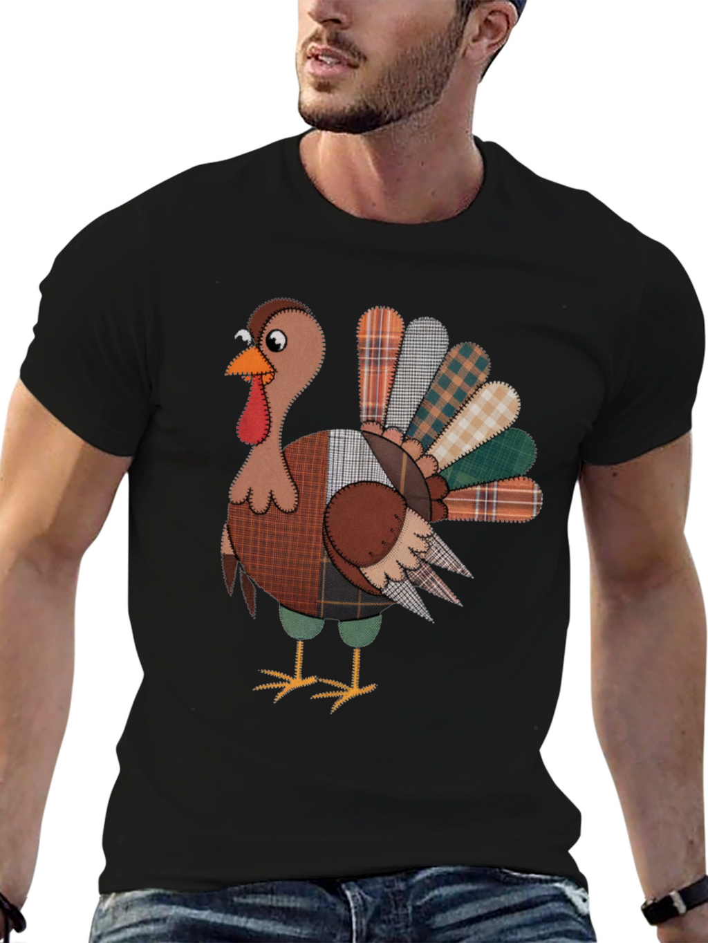 Thanksgiving Turkey Plaid Patchwork Graphic T-Shirt