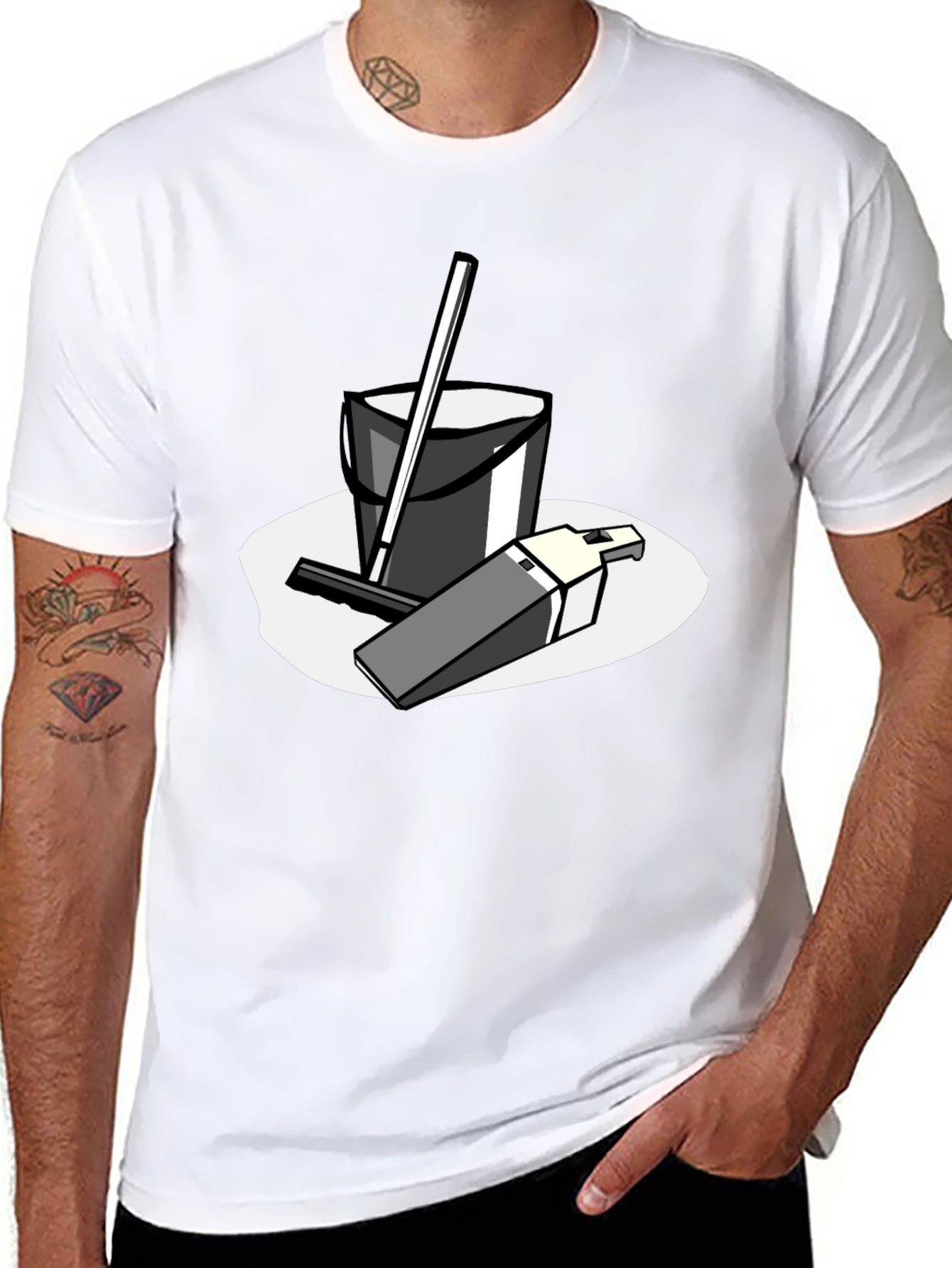 Black T-Shirt with Cleaning Cartoon Graphic