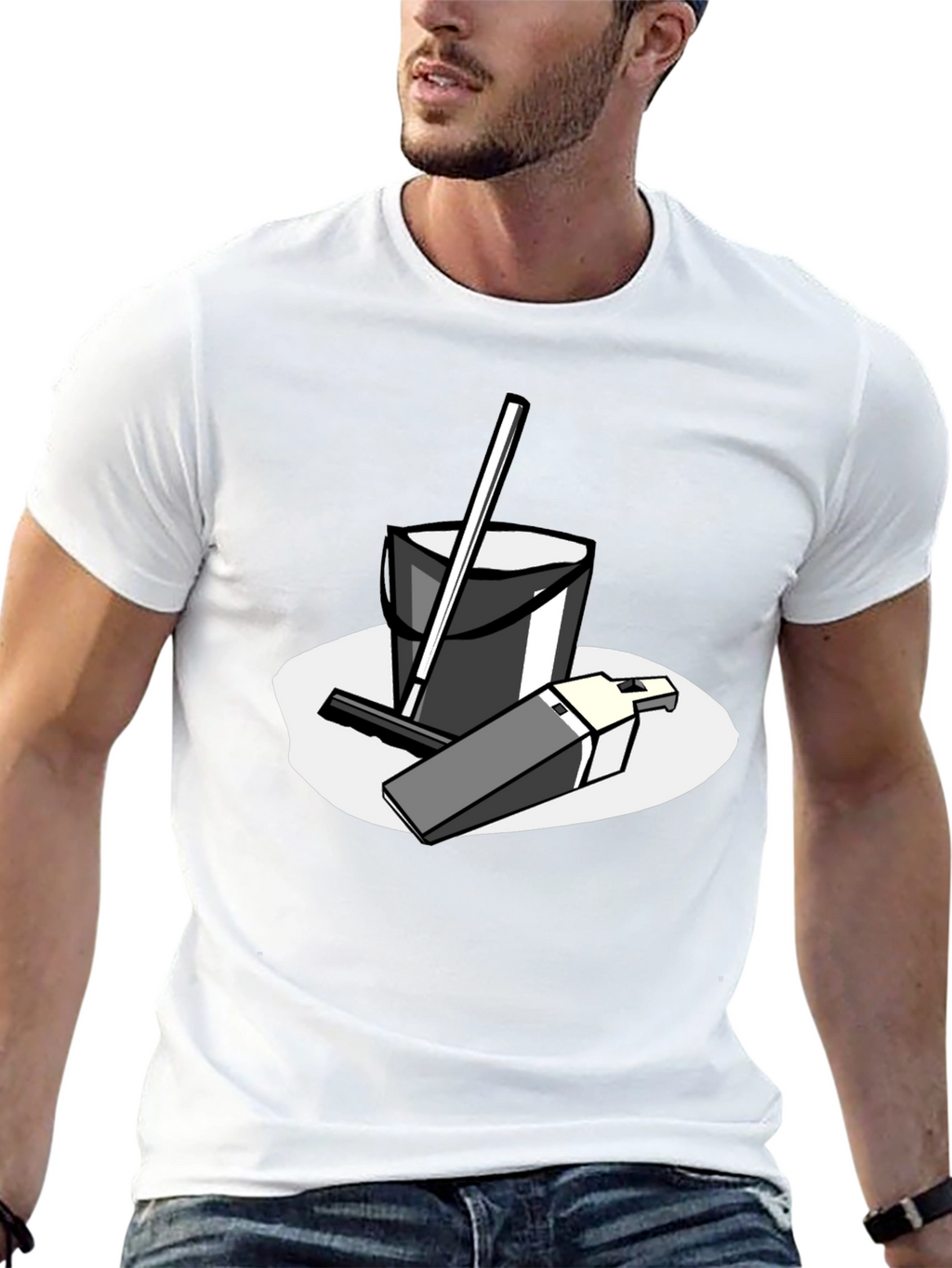 Black T-Shirt with Cleaning Cartoon Graphic