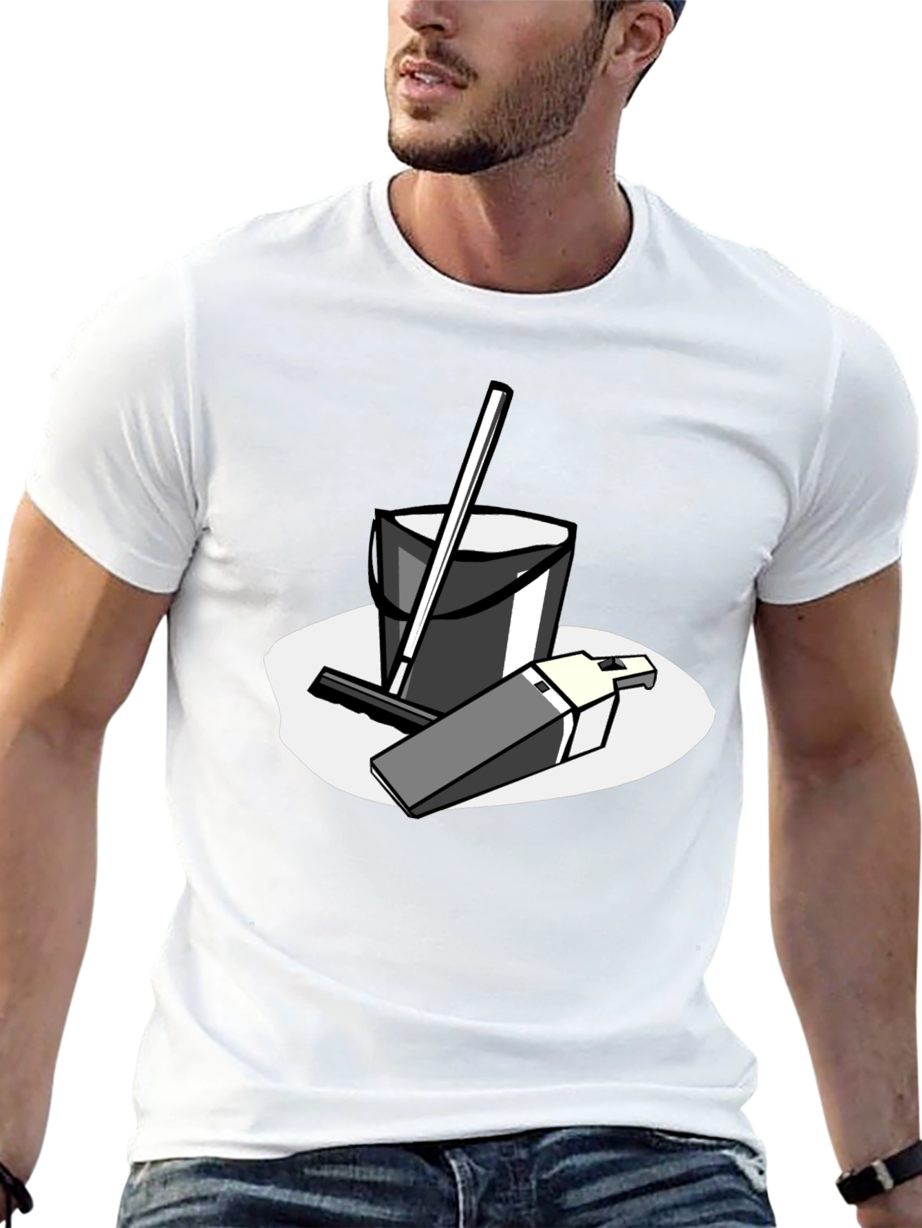 Black T-Shirt with Cleaning Cartoon Graphic