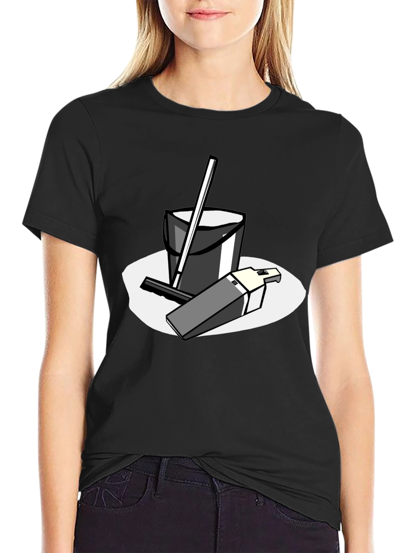 Black T-Shirt with Cleaning Cartoon Graphic