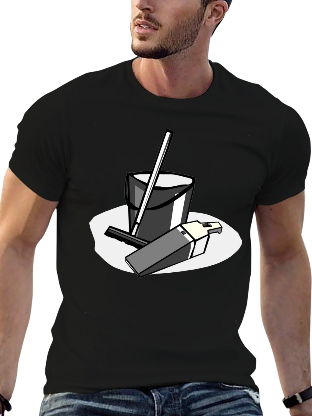 Black T-Shirt with Cleaning Cartoon Graphic