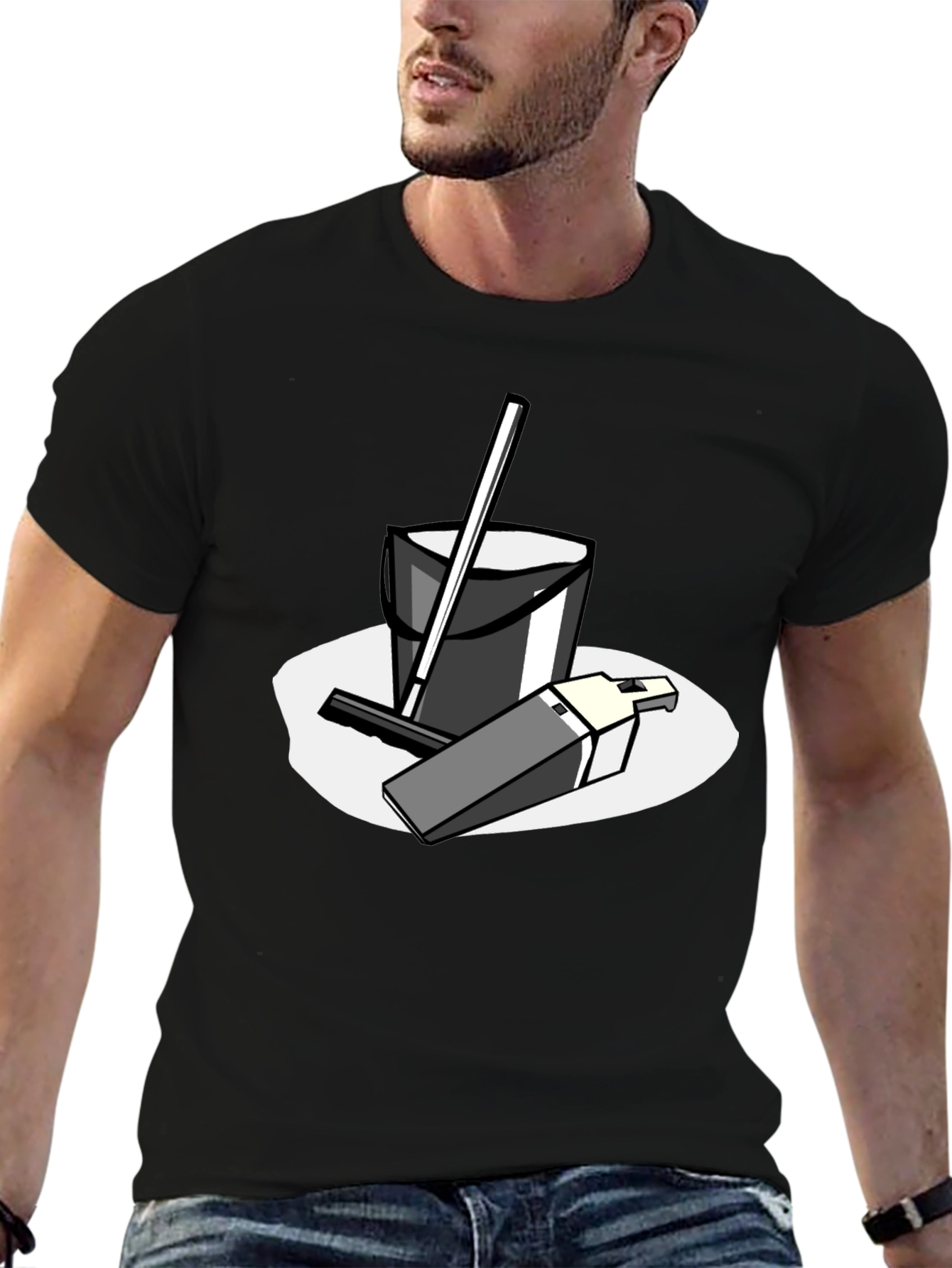 Black T-Shirt with Cleaning Cartoon Graphic