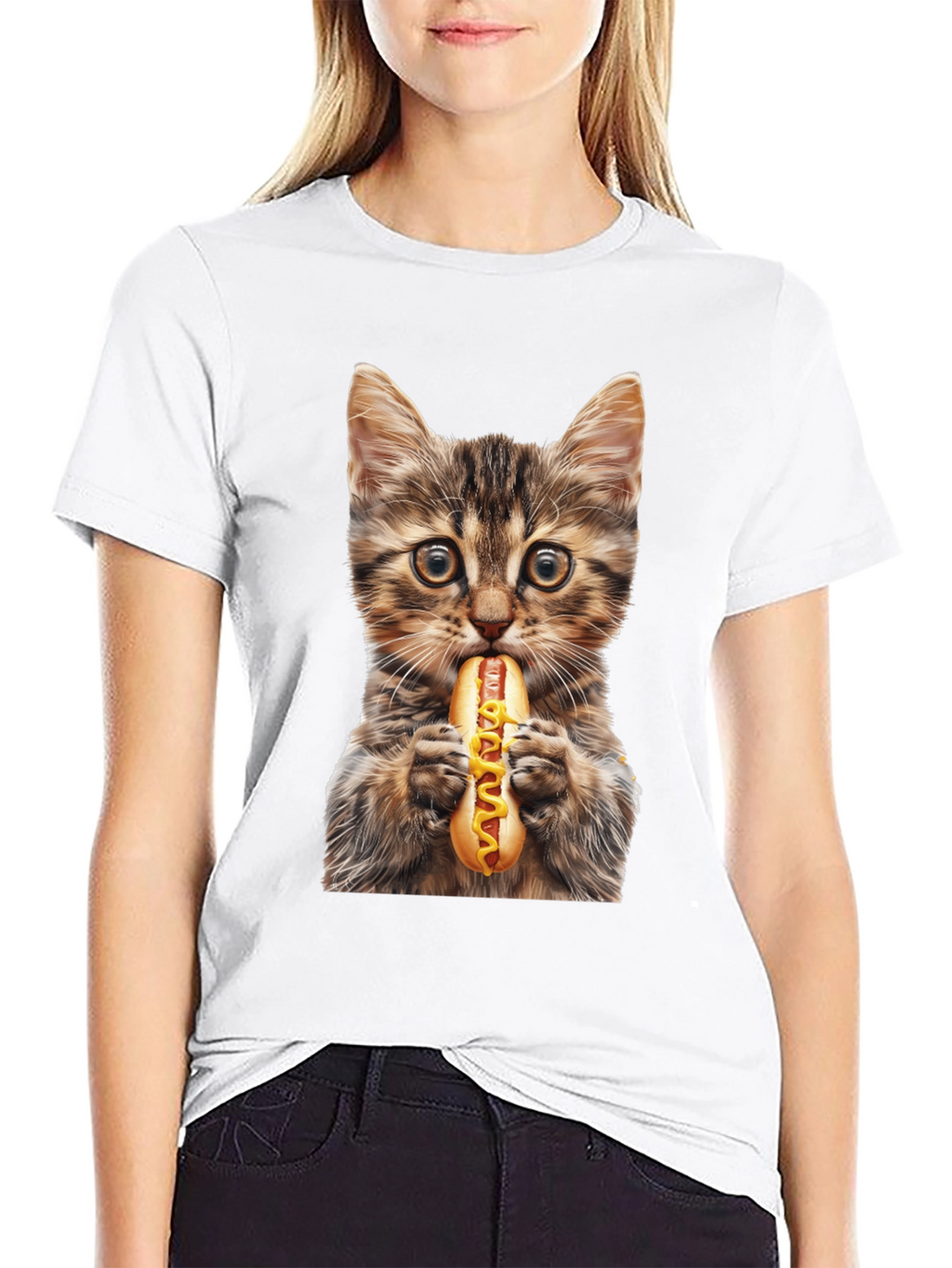 Cat Eating Hotdog Graphic T-Shirt