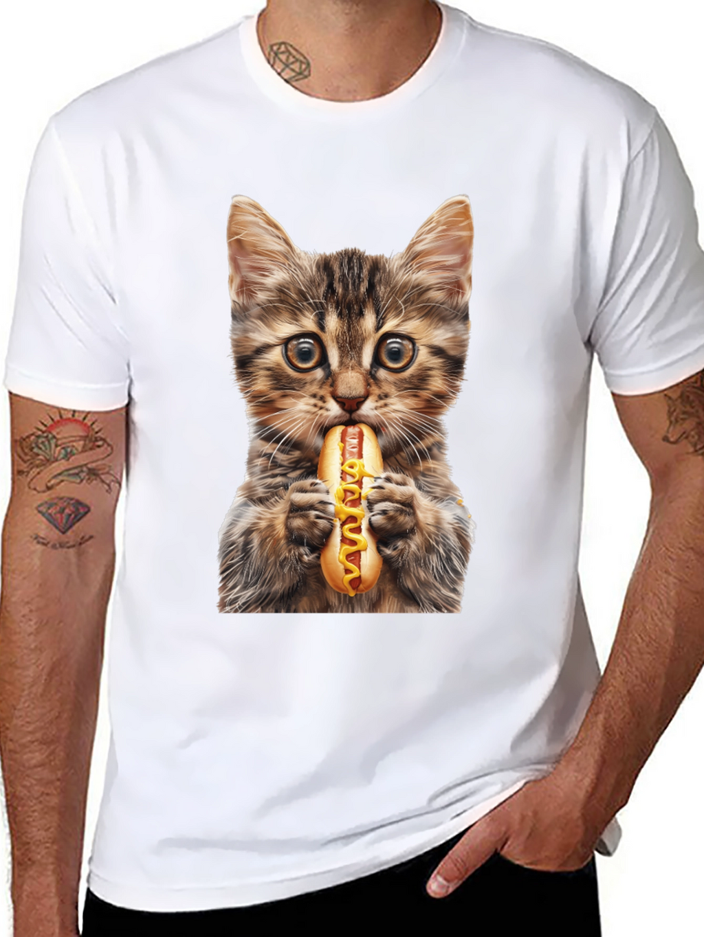 Cat Eating Hotdog Graphic T-Shirt