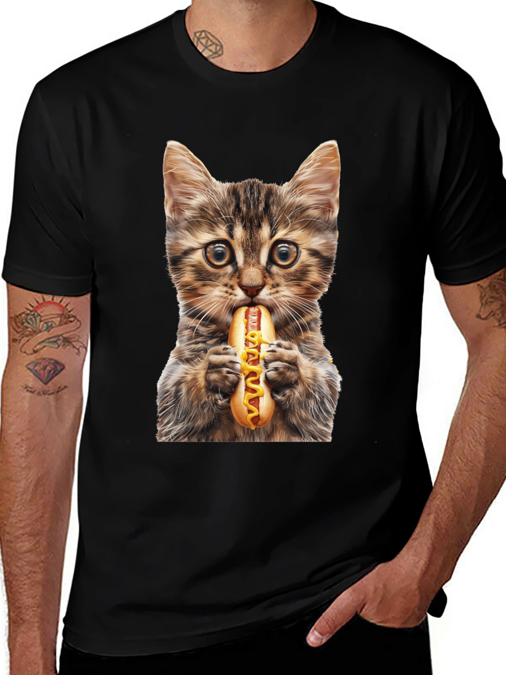 Cat Eating Hotdog Graphic T-Shirt
