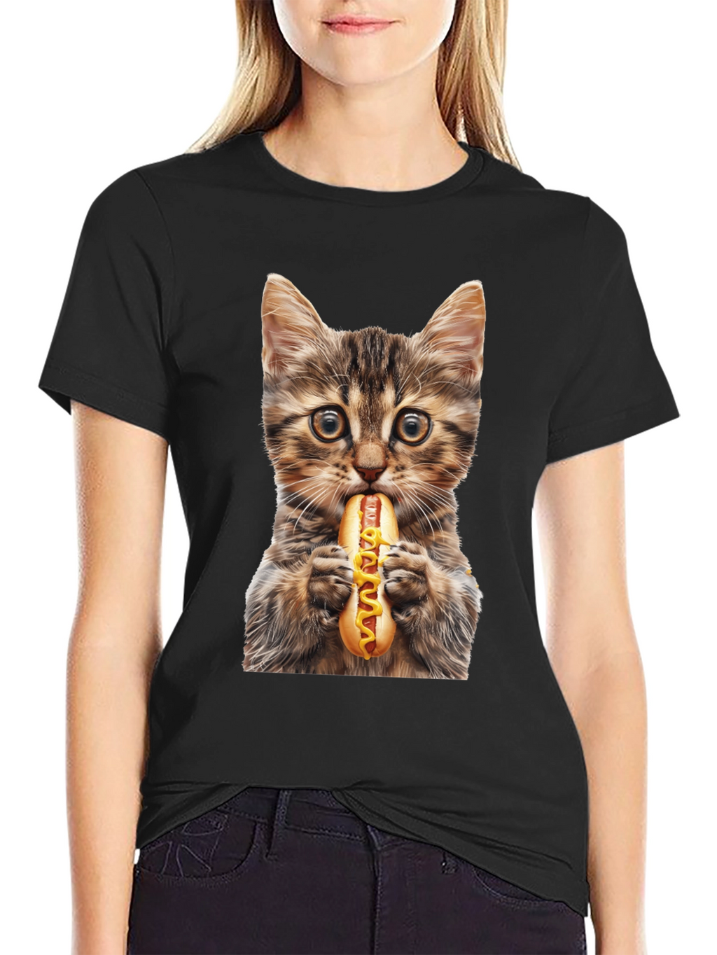 Cat Eating Hotdog Graphic T-Shirt