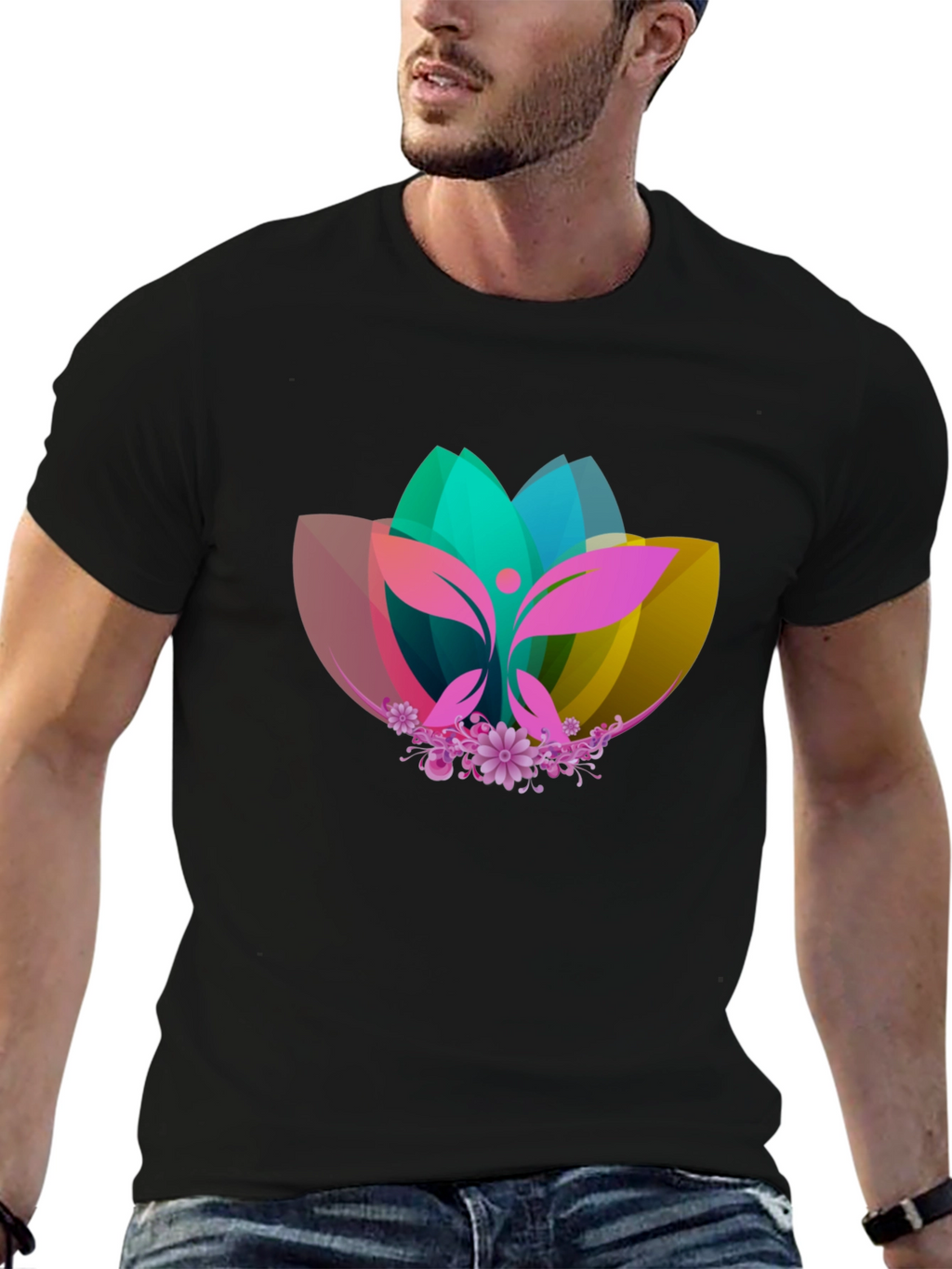 Abstract Lotus Graphic Black T-Shirt