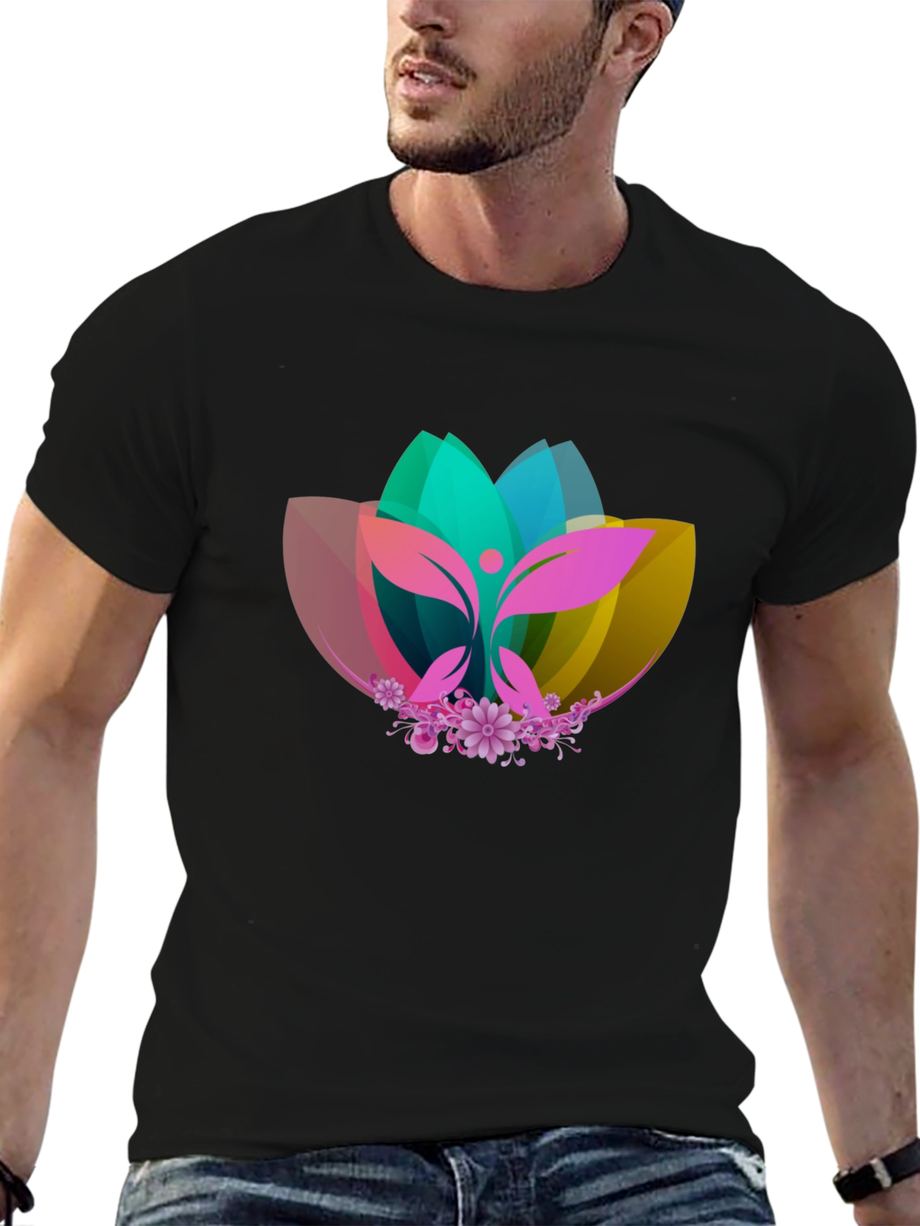 Abstract Lotus Graphic Black T-Shirt