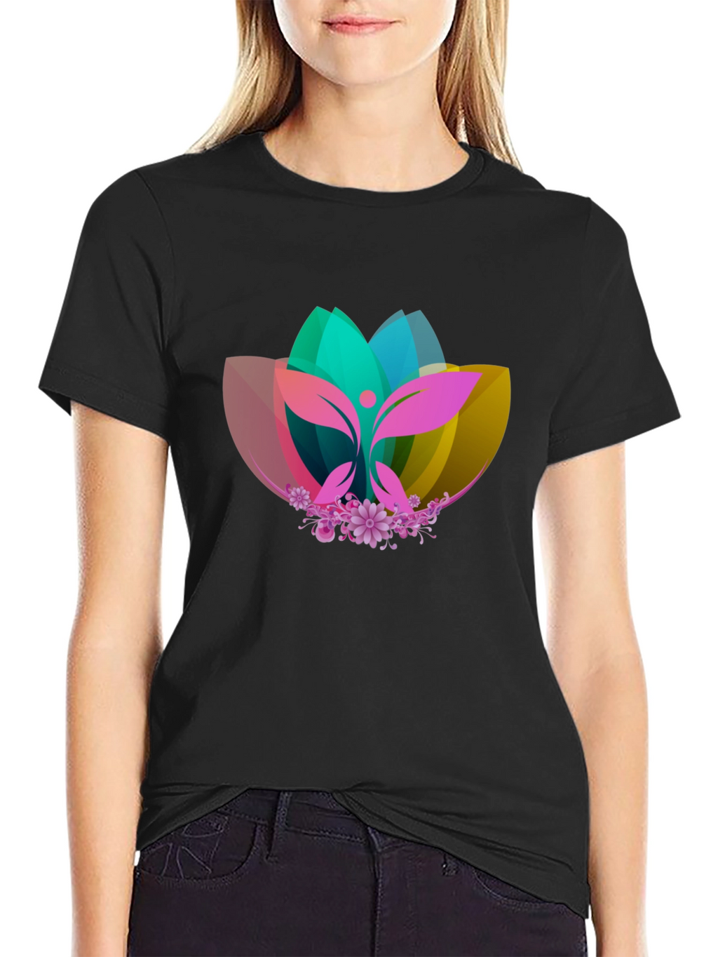 Abstract Lotus Graphic Black T-Shirt